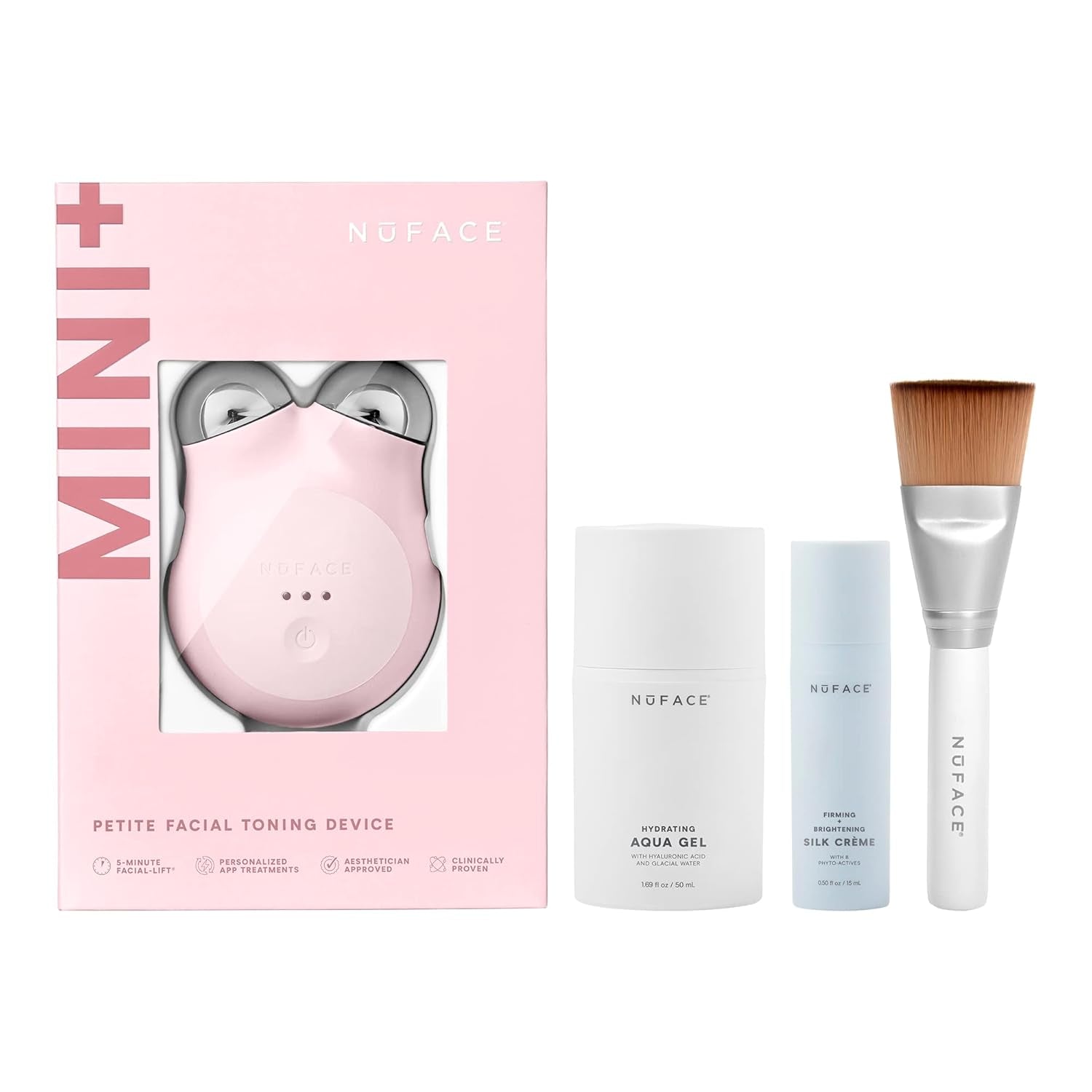 Nuface MINI+ Microcurrent Facial Device Kit - FDA Cleared Face Sculpting & Skin Tightening Device to Contour, Lift & Tone + Microcurrent Gel Activator, Silk Crème & Applicator Brush - Sandy Rose