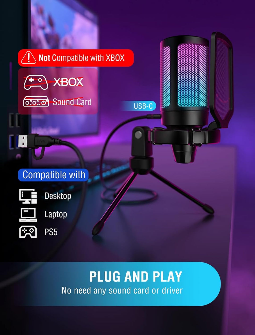 FIFINE Gaming USB Microphone for PC PS5, Condenser Mic with Quick Mute, RGB Indicator, Tripod Stand, Pop Filter, Shock Mount, Gain Control for Streaming Discord Twitch Podcasts Videos- Ampligame
