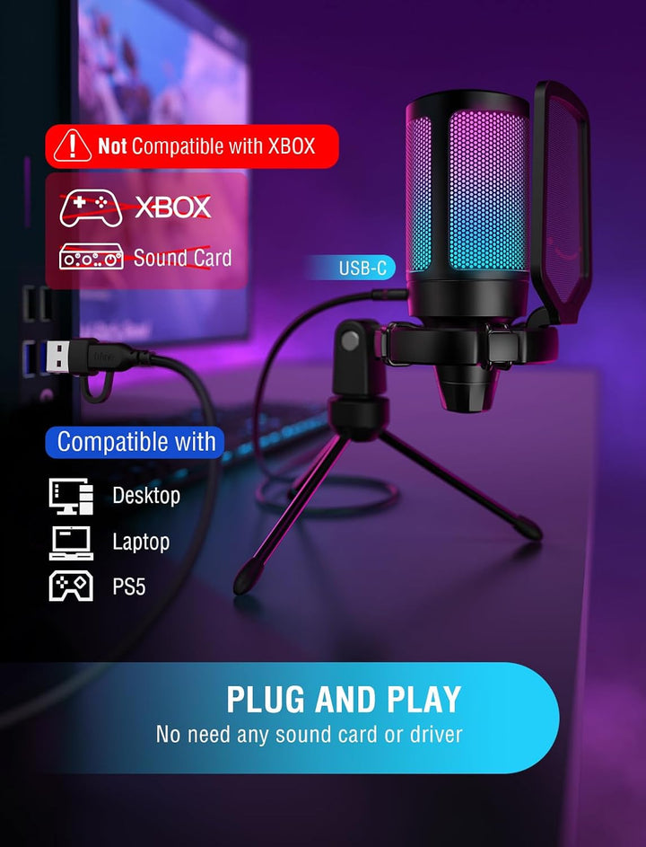 FIFINE Gaming USB Microphone for PC PS5, Condenser Mic with Quick Mute, RGB Indicator, Tripod Stand, Pop Filter, Shock Mount, Gain Control for Streaming Discord Twitch Podcasts Videos- Ampligame