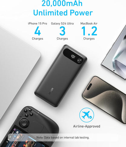Anker Power Bank, 20,000Mah Portable Charger with Built-In USB-C Cable, 87W Max Fast Charging Battery, 2 USB-C and 1 USB-A, for Macbook, Iphone 16/15/14 Series, Samsung, Switch, and More