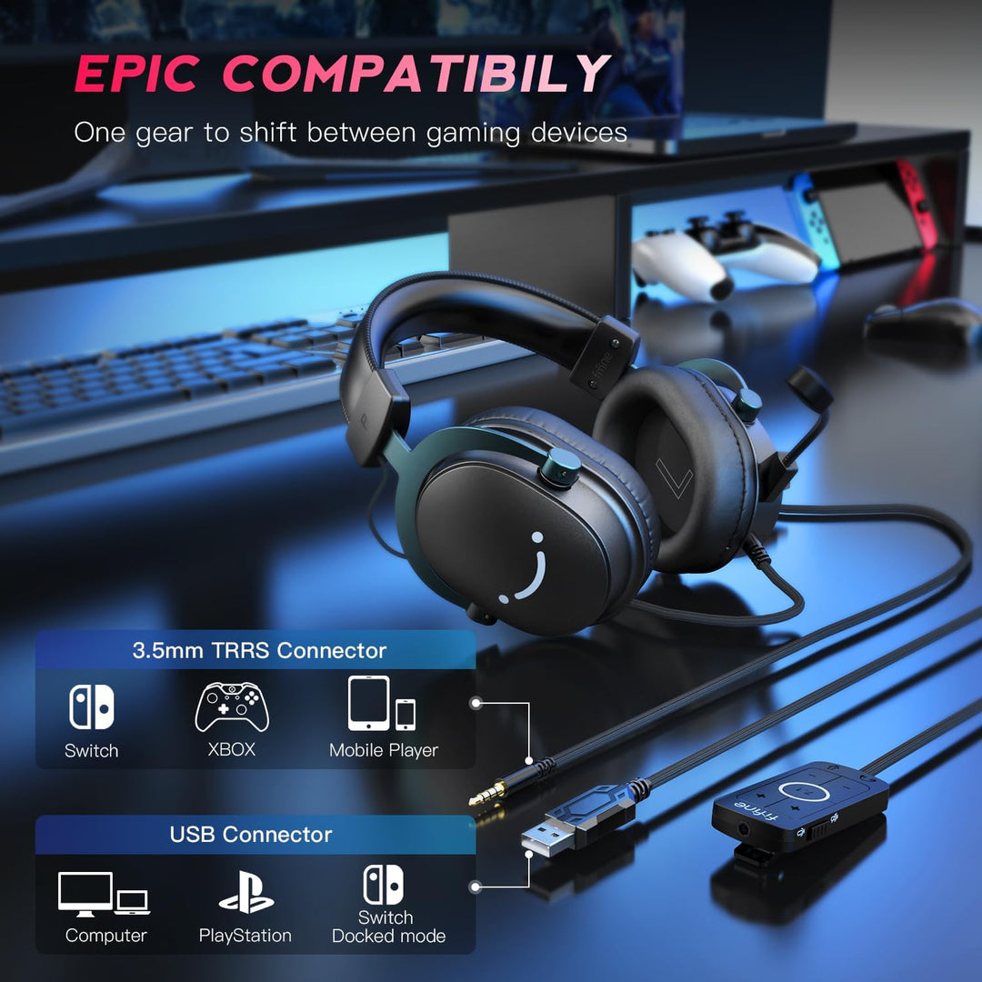 FIFINE PC Gaming Headset, USB Headset with 7.1 Surround Sound, Detachable Microphone, Control Box, 3.5Mm Headphones Jack, Over-Ear Wired Headphones for Ps5/Xbox/Switch, Black-Ampligame H9