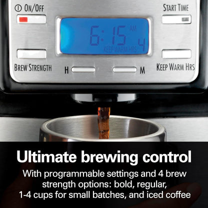 Hamilton Beach One Press Programmable Dispensing Drip Coffee Maker with 12 Cup Internal Brew Pot, Removable Water Reservoir, Black & Stainless Steel (48465)