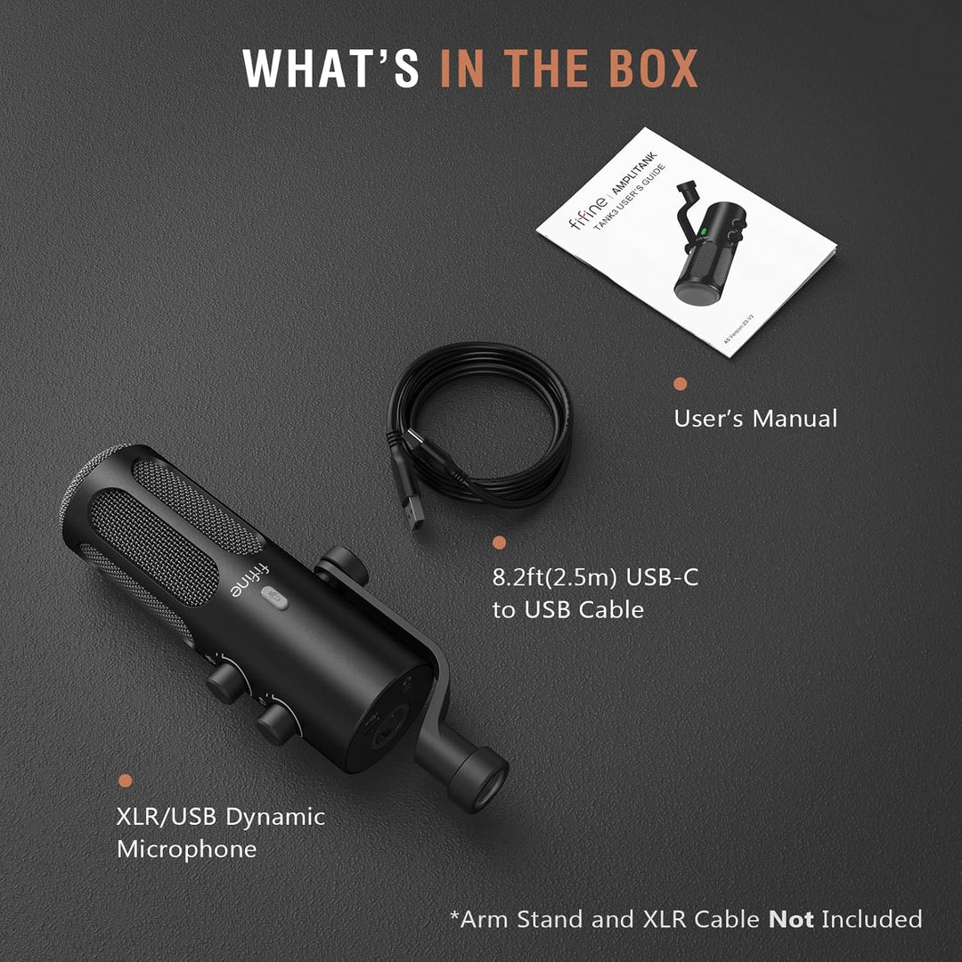 FIFINE XLR/USB Podcast Dynamic Microphone for Streaming, Studio XLR Microphone, PC Streamer Mic All Metal with Mute Button, Headphone Jack, for Vocal Voice over Music Recording-Amplitank Tank3
