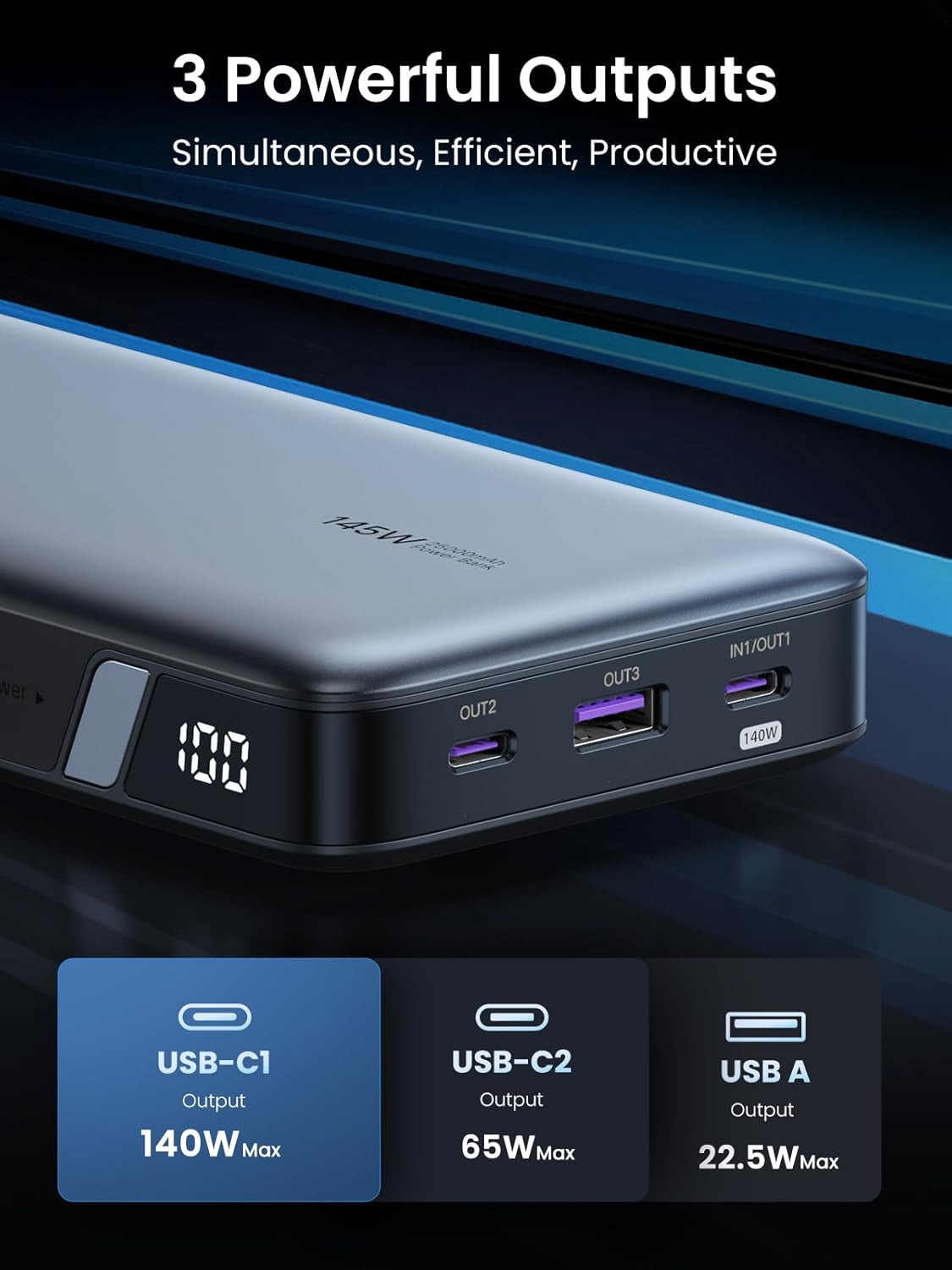 UGREEN Power Bank 25,000Mah 145W Laptop Portable Charger, Nexode 3-Port USB C PD Battery Pack, for Macbook Pro/Air, Dell XPS, Iphone 16/15/14, Galaxy S24, Steam Deck, Ipad, and More