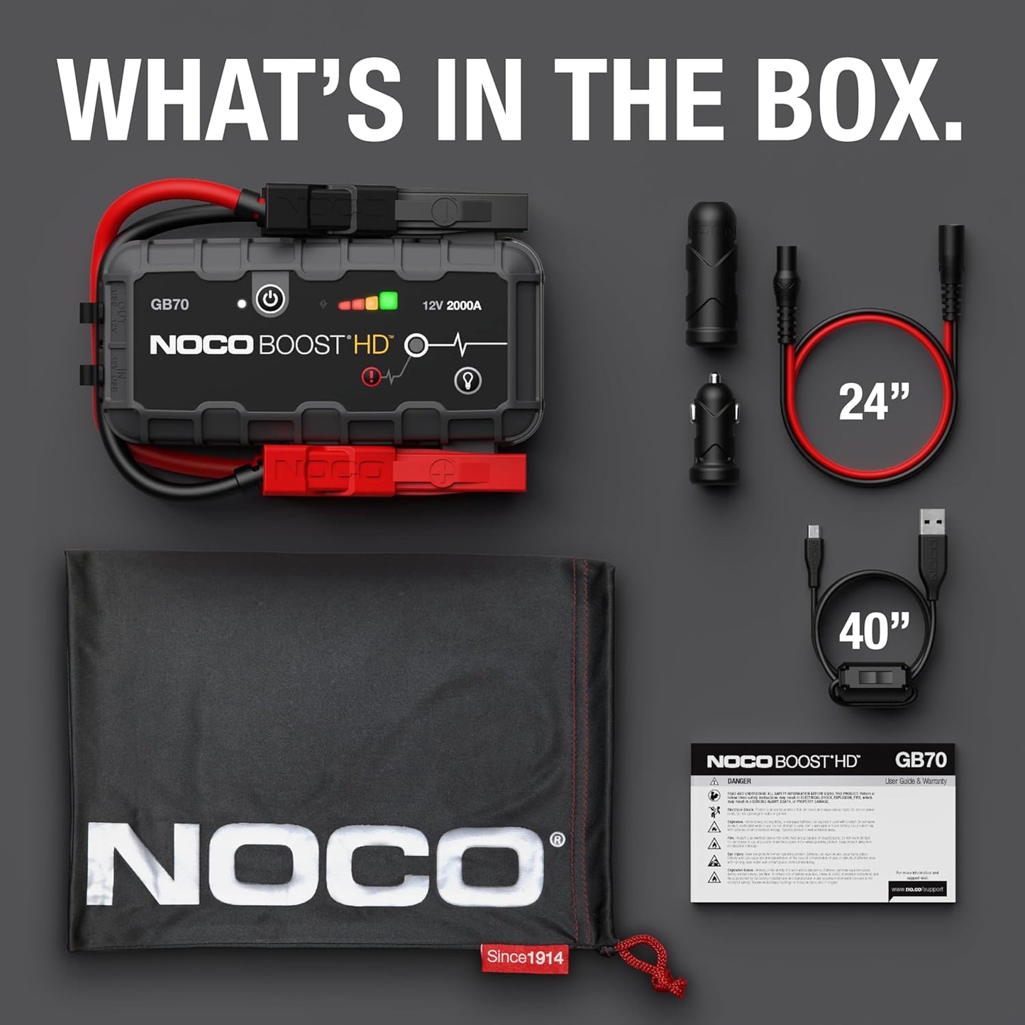 NOCO Boost HD GB70 2000A Ultrasafe Car Battery Jump Starter, 12V Battery Booster Pack, Jump Box, Portable Charger and Jumper Cables for 8.0L Gasoline and 6.0L Diesel Engines