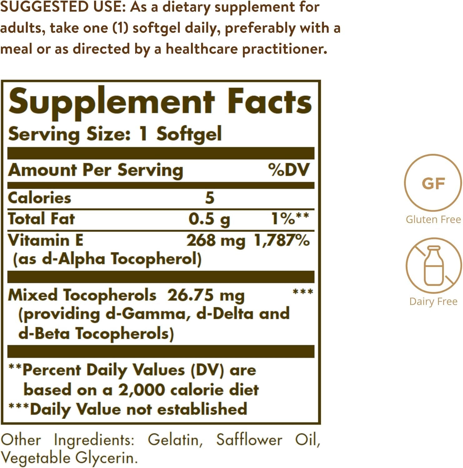 Solgar Vitamin E 268 MG (400 IU) (D-Alpha Tocopherol & Mixed Tocopherols), 100 Softgels - Supports Immune System & Skin Nutrition - Natural Antioxidant - Gluten Free, Dairy Free - 100 Servings