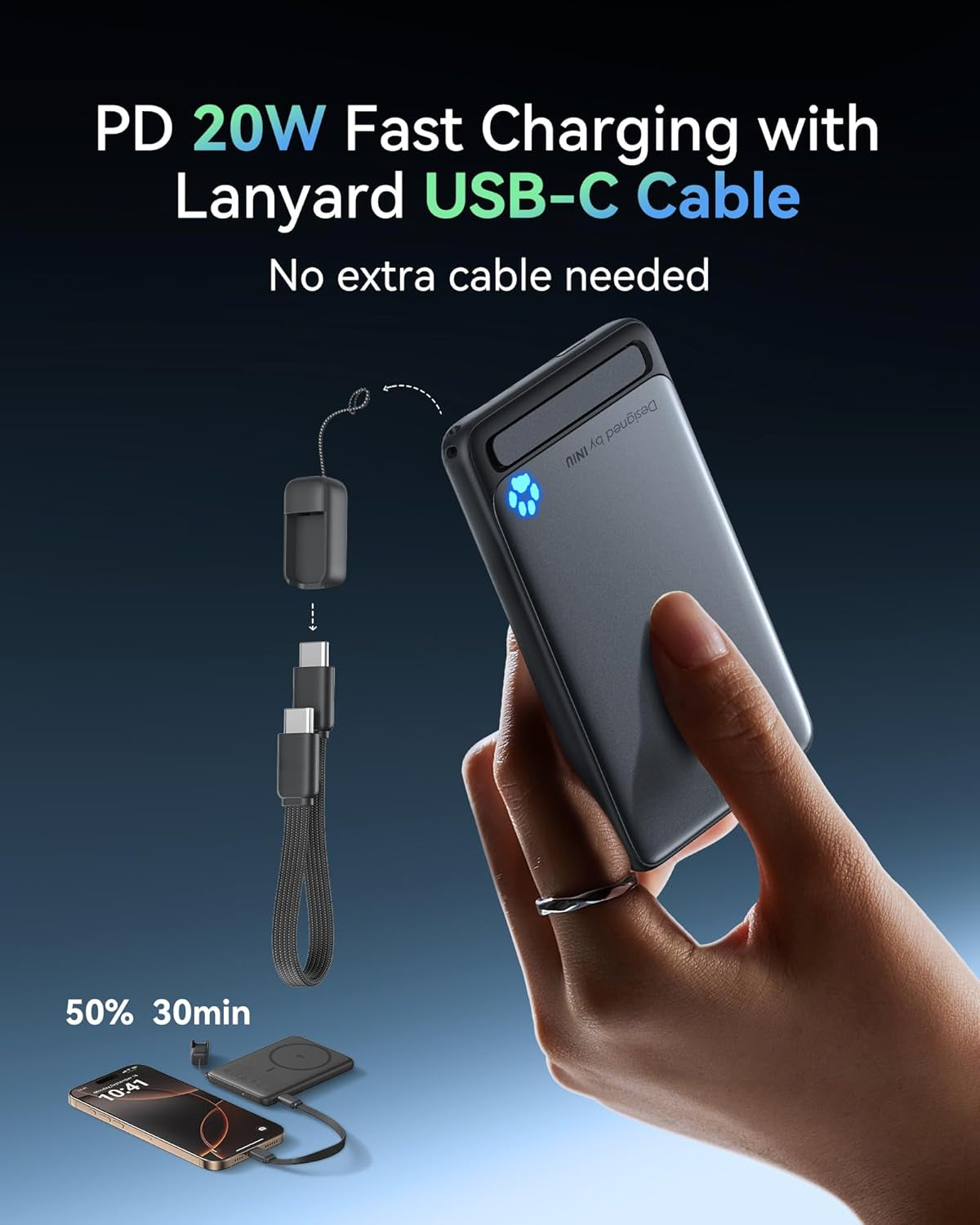 INIU for Magsafe Portable Charger, Ultra Slim 20W 5000Mah Magnetic Power Bank, Qi2 Certified, with Lanyard USB C Cable & Kickstand, Magsafe Compatible Battery Pack, for Iphone 16 15 14 13 12 Only