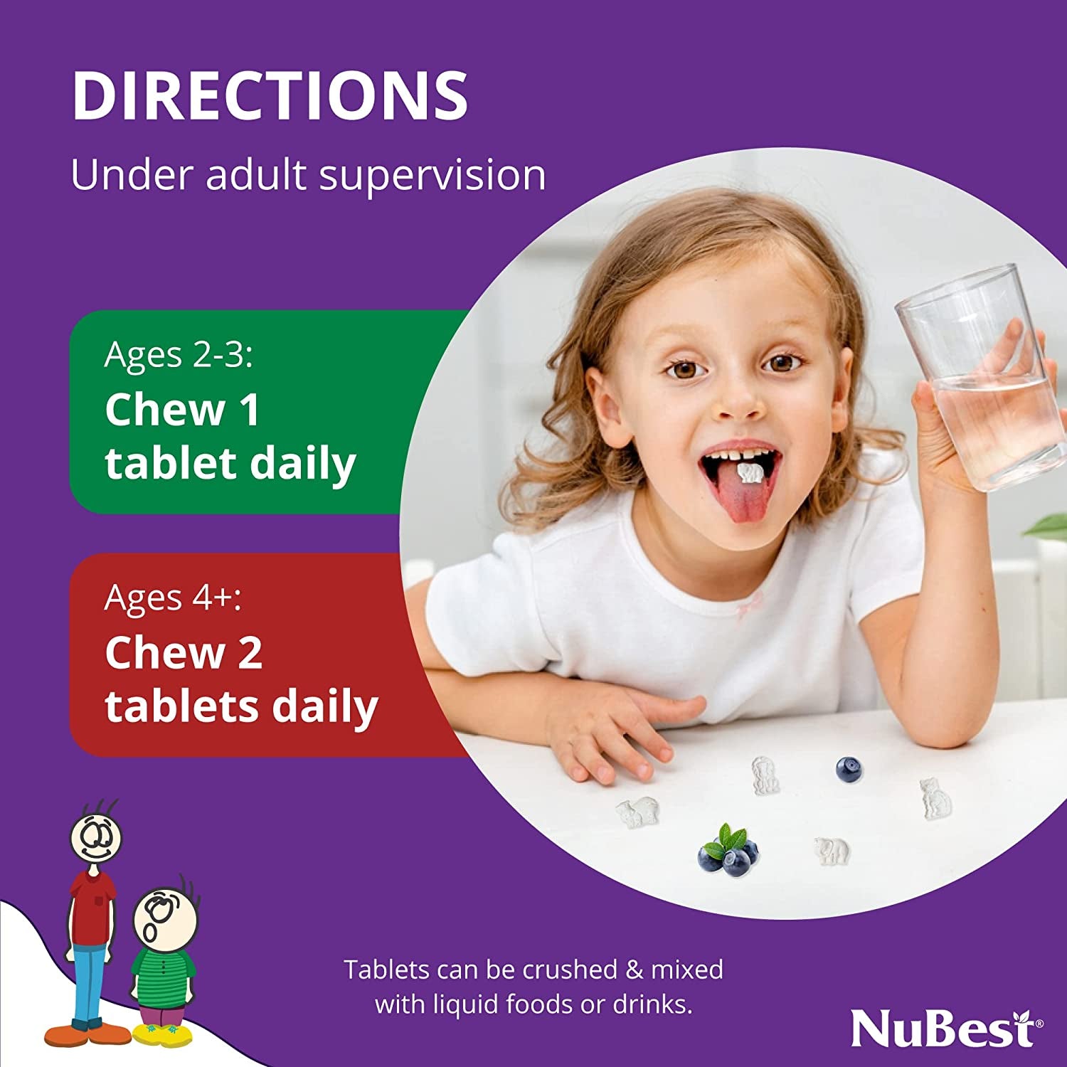 Nubest Tall Kids - Toddlers Vitamins and Kids Vitamins for Age 2 to 9 - Support Bone Strength, Overall Health and Immunity - Animal Shapes - 90 Chewable Berry Tablets | 1.5 Month Supply