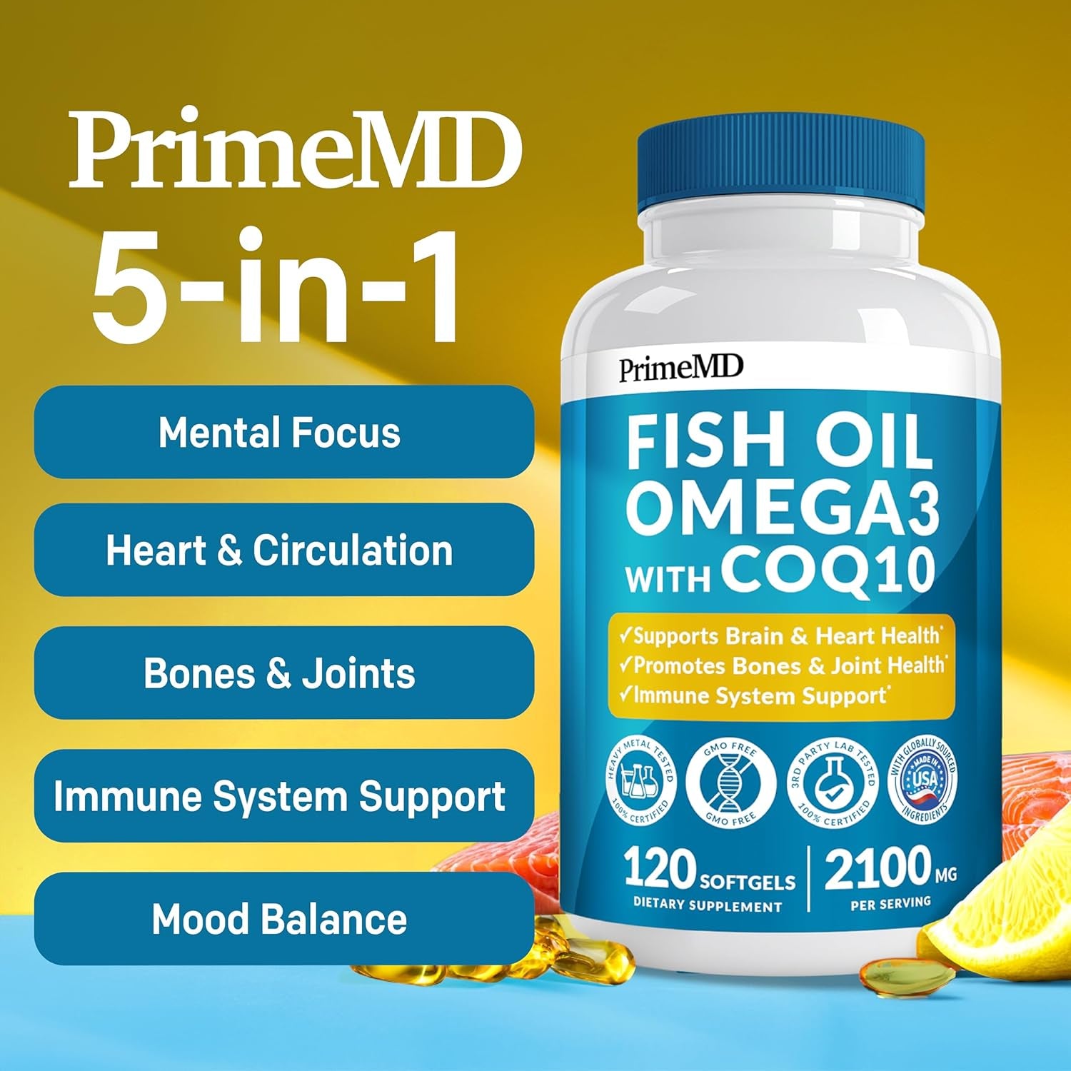 5-In-1 Fish Oil Omega 3 Supplements (2100Mg) - Omega 3 Fish Oil with Vitamins D3 & K2 and Coq10 - EPA DHA Omega 3 Supplement - Lemon Flavored Omega 3 Fatty Acid Supplements - (120 Softgels)