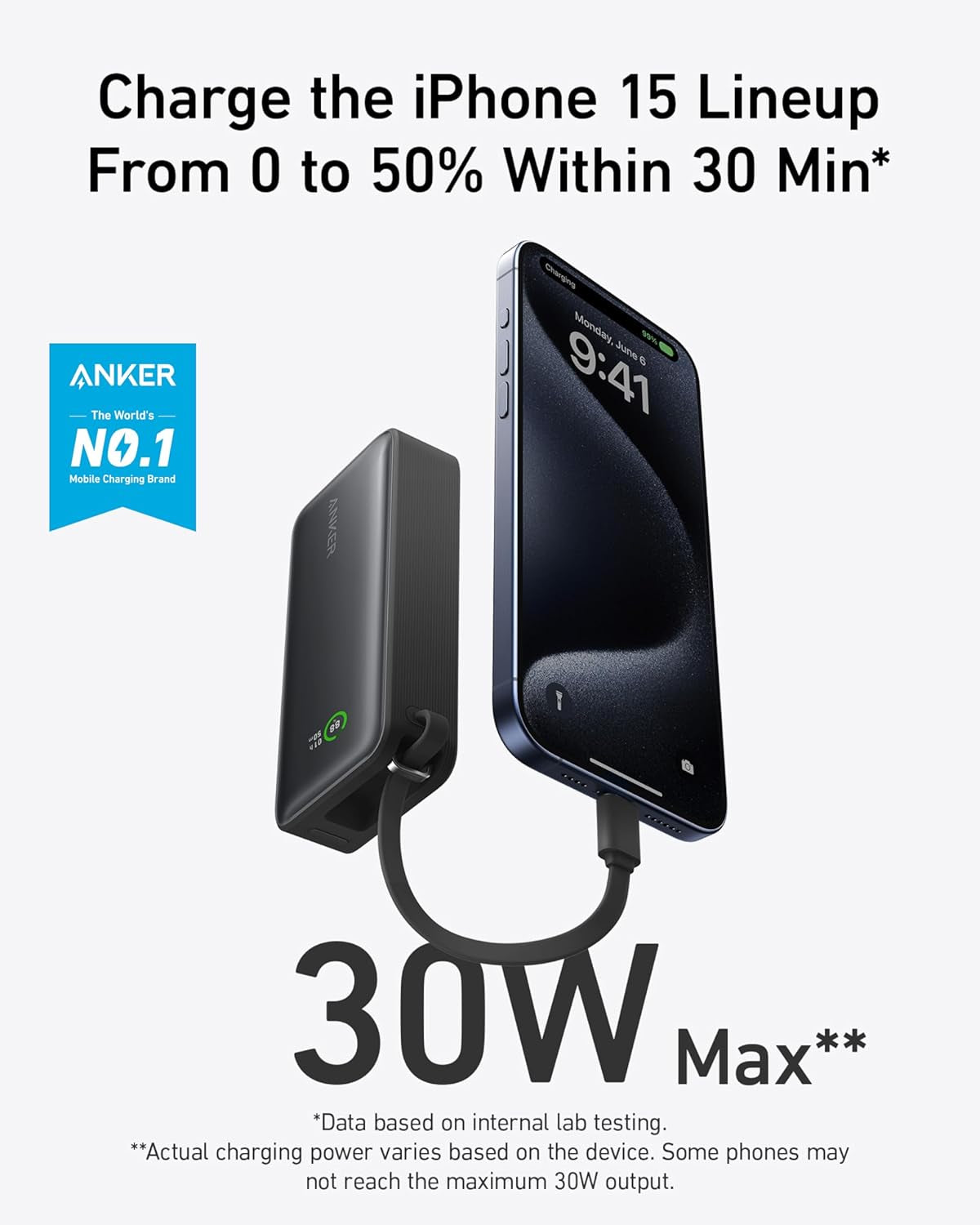 Anker Nano Power Bank, 10,000Mah Portable Charger with Built-In USB-C Cable, 30W Max Output, for Iphone 16/15 Series, Macbook, Airpods, and More