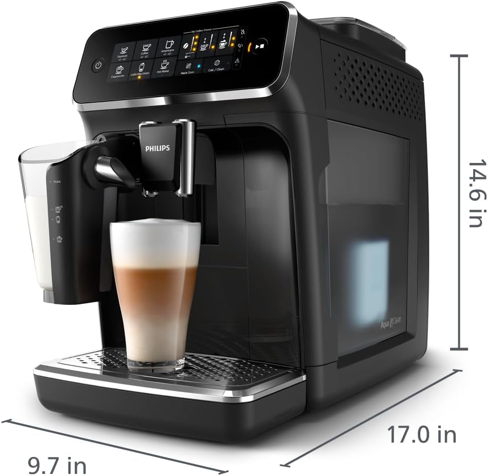 PHILIPS 3200 Series Fully Automatic Coffee Machine - 5 Delicious Coffees, Lattego Milk System, Durable Ceramic Grinders, Intuitive Touch Display, Glossy Black (EP3241/54)