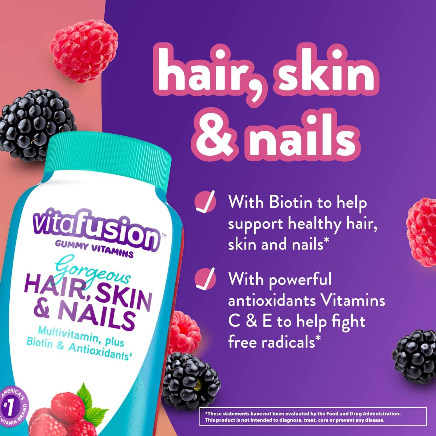 Vitafusion Gorgeous Hair, Skin & Nails Multivitamin plus Biotin and Antioxidant Vitamins C&E, Raspberry Flavor, 135Ct (45 Day Supply), from America’S Number One Gummy Vitamin Brand