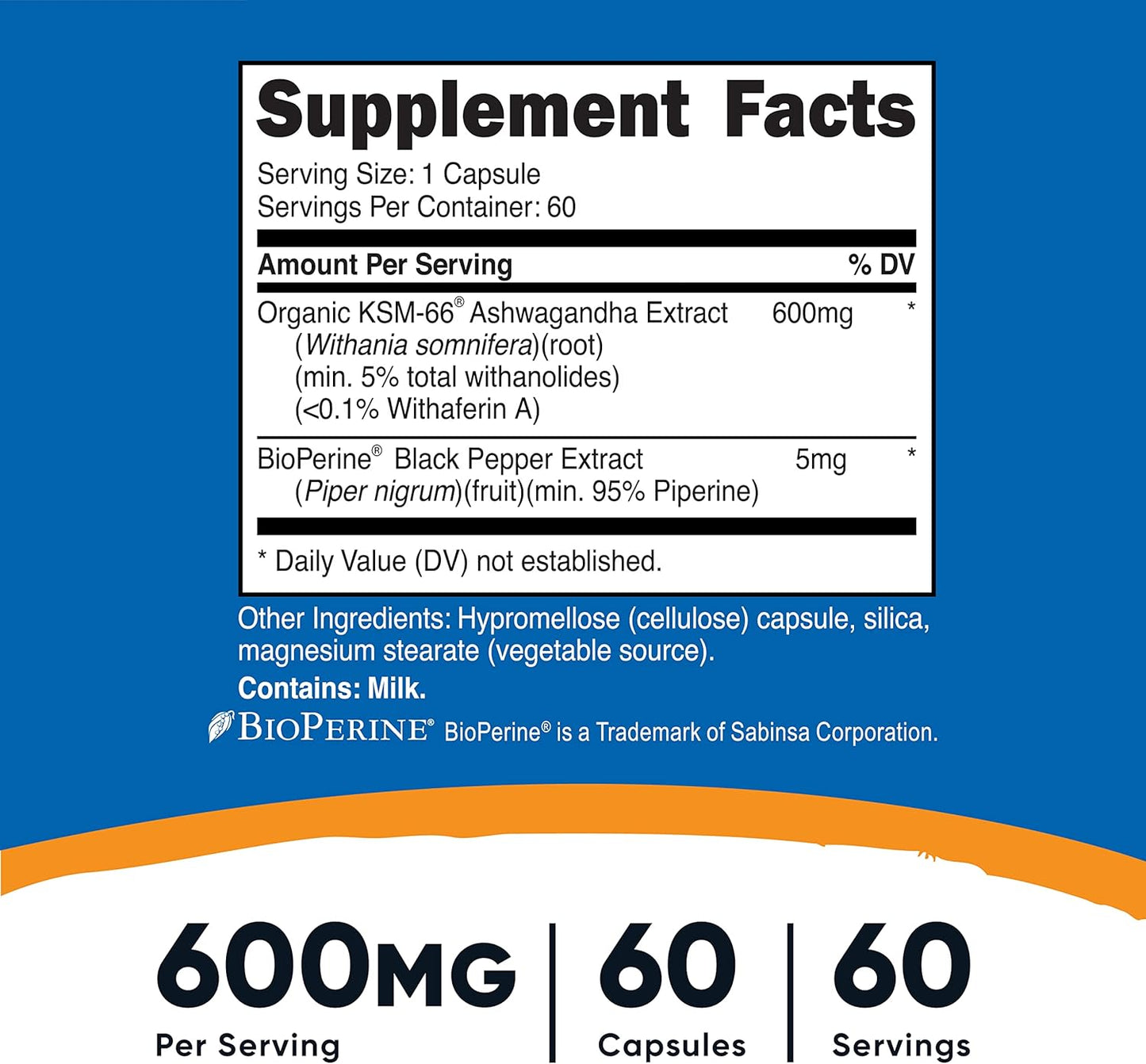 Nutricost KSM-66 Ashwagandha Root Extract 600Mg, 60 Veggie Caps - 5% Withanolides - with Bioperine - Full-Spectrum Root Extract