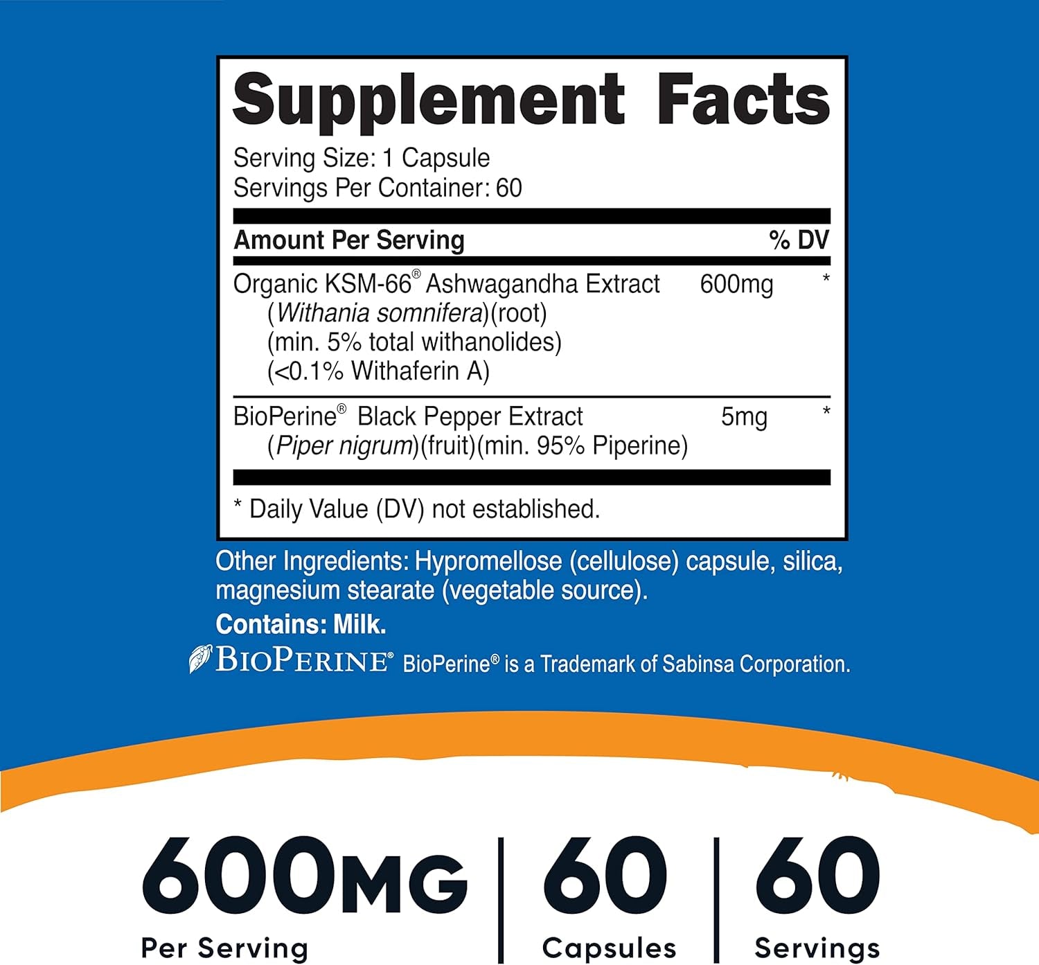 Nutricost KSM-66 Ashwagandha Root Extract 600Mg, 60 Veggie Caps - 5% Withanolides - with Bioperine - Full-Spectrum Root Extract