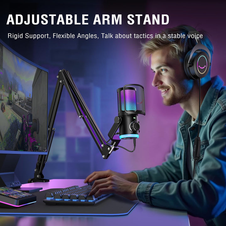 FIFINE AM6T USB Streaming Microphone for PC Gaming, Professional Condenser Mic with RGB, Noise Cancellation&Game/Chat Mixer-Plug & Play for Discord Chat/Streamer/Podcaster, with Boom Arm&Pop Filter