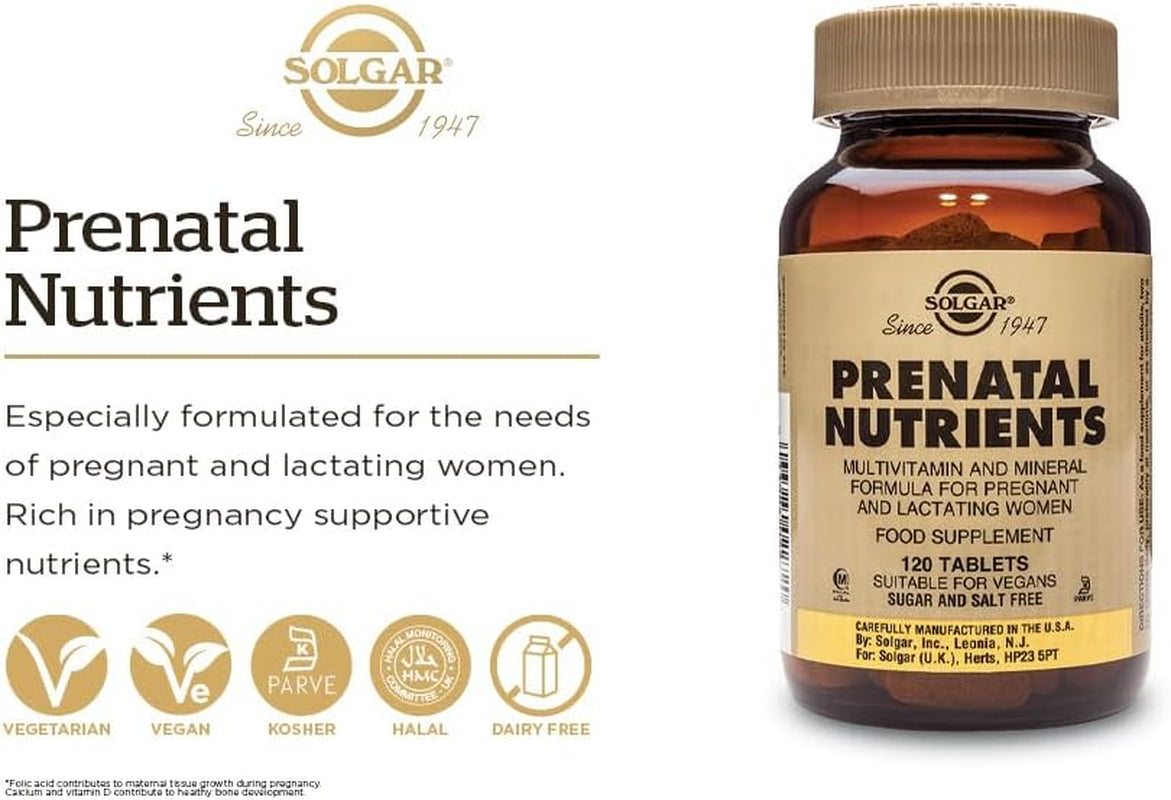 Solgar Prenatal Nutrients - 120 Tablets - Multivitamin & Mineral Formula for Pregnant & Lactating Women - Vegan, Kosher, Halal & Gluten Free - 30 Servings