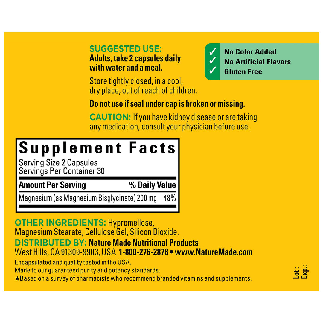 Glicinato de Magnesio Nature Made 200 mg 60 capsulas