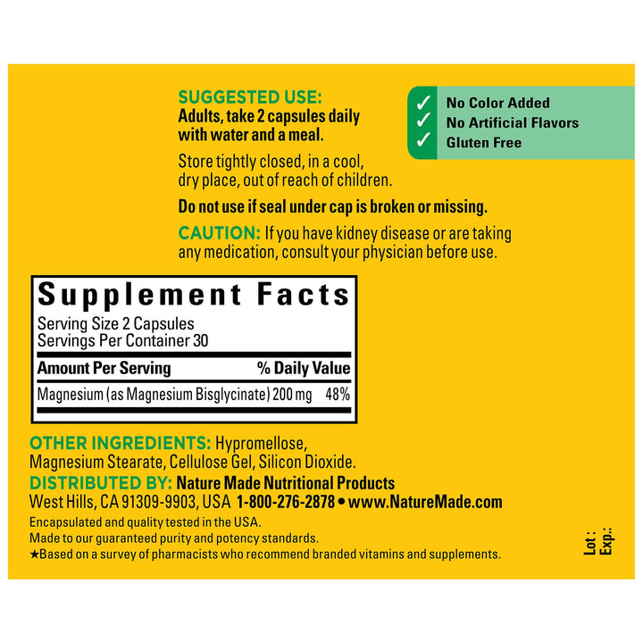 Glicinato de Magnesio Nature Made 200 mg 60 capsulas