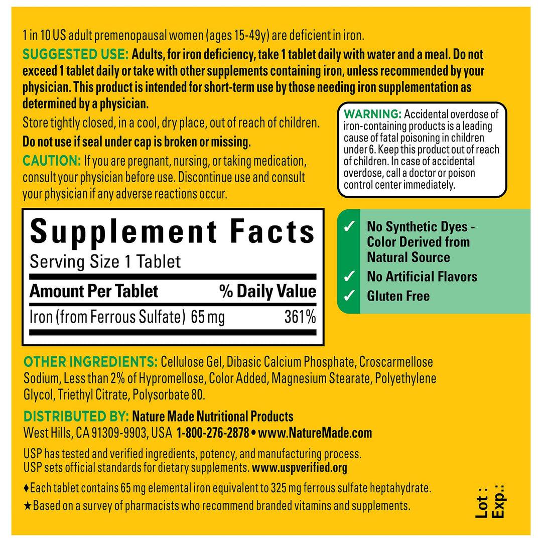 Hierro 65 mg Nature Made - 180 tabletas