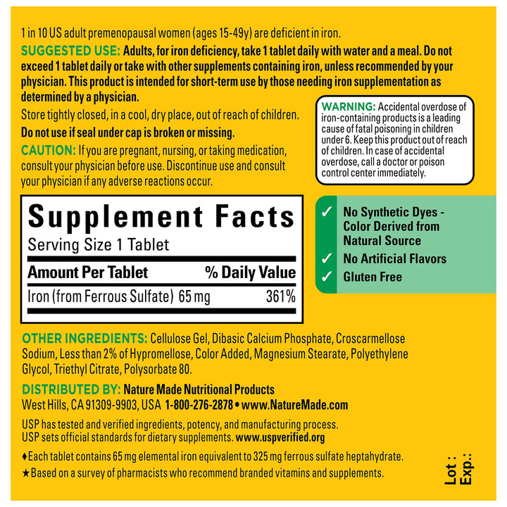 Hierro 65 mg Nature Made - 180 tabletas