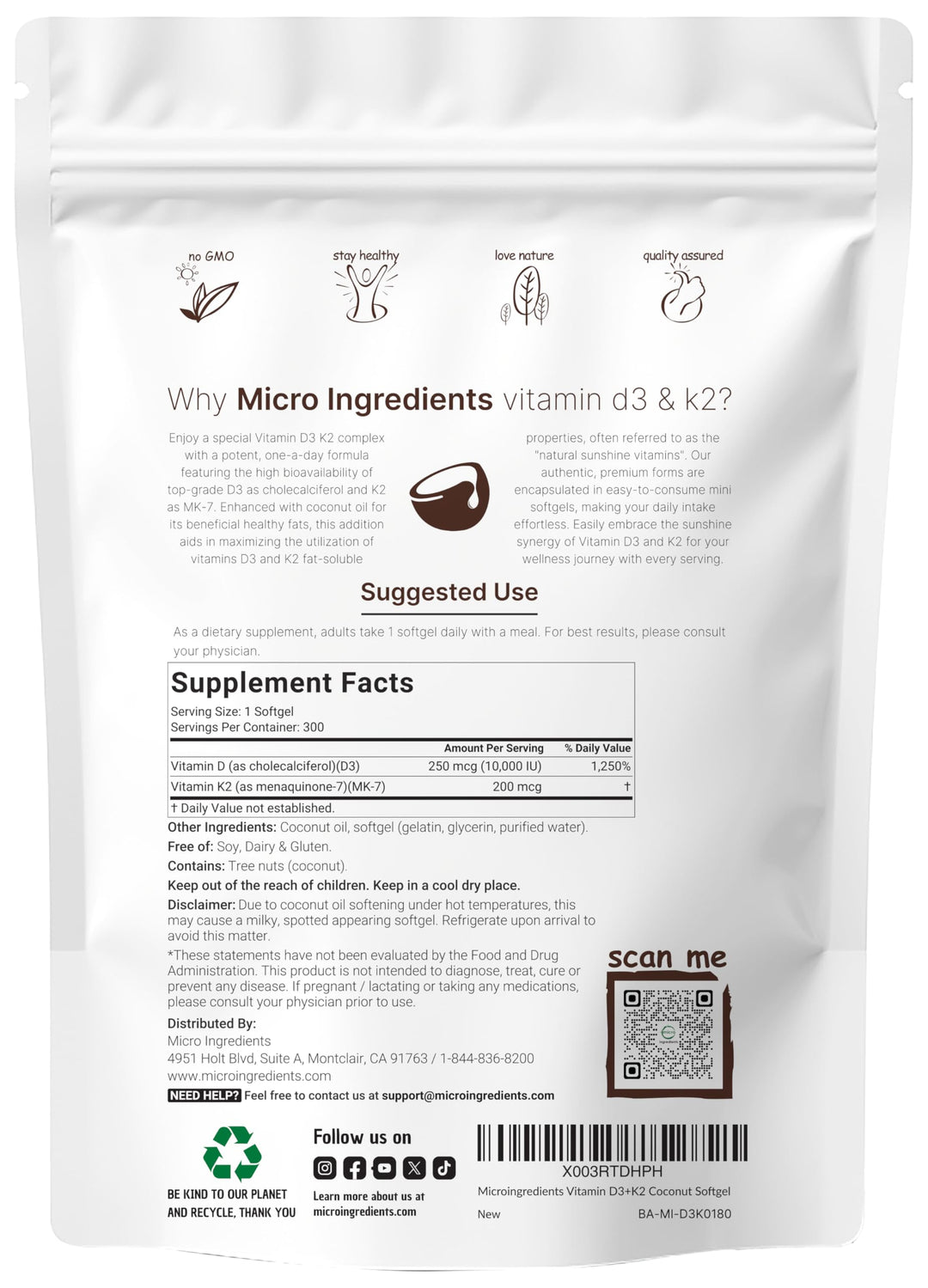 Micro Ingredients Vitamina D3 10 000 IU + K2 300 capsulas blandas
