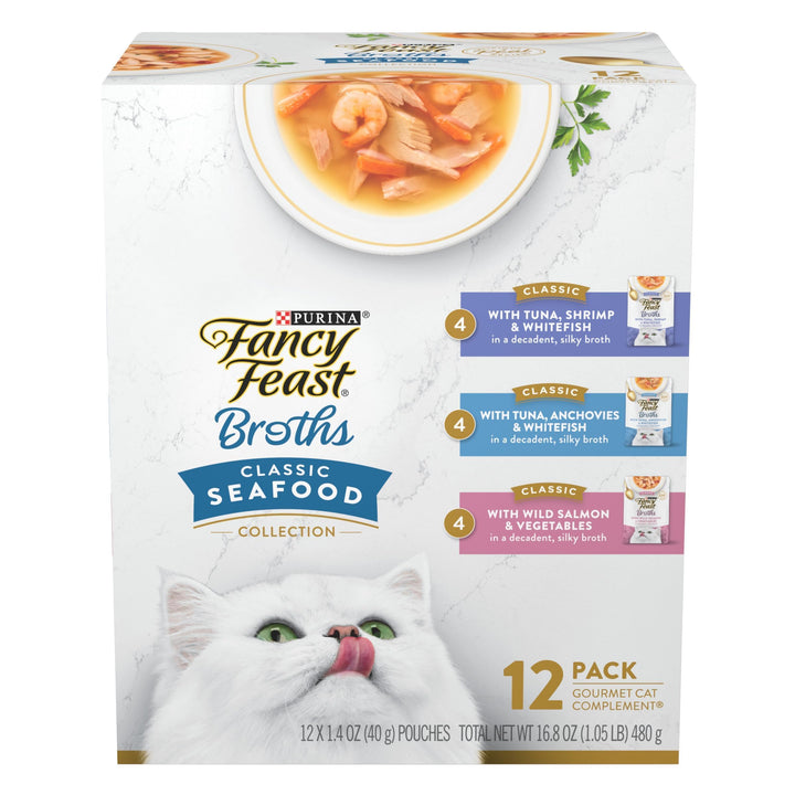 Comida humeda Purina Fancy Feast Broths mariscos 12 sobres