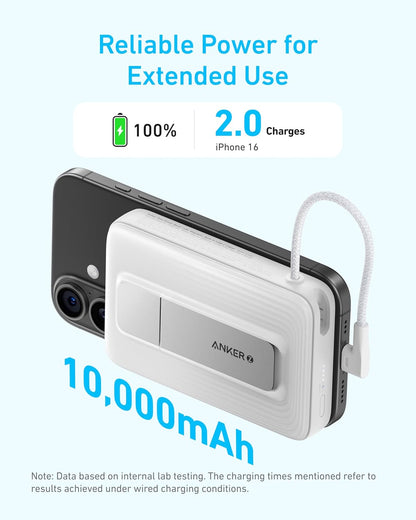 Anker Zolo Magnetic Power Bank, 10,000Mah Wireless Portable Charger with 30W Max Fast Charging, Battery Pack with Built-In USB-C Cable and Adjustable Stand, for Iphone 16/15 Series, Airpods, and More