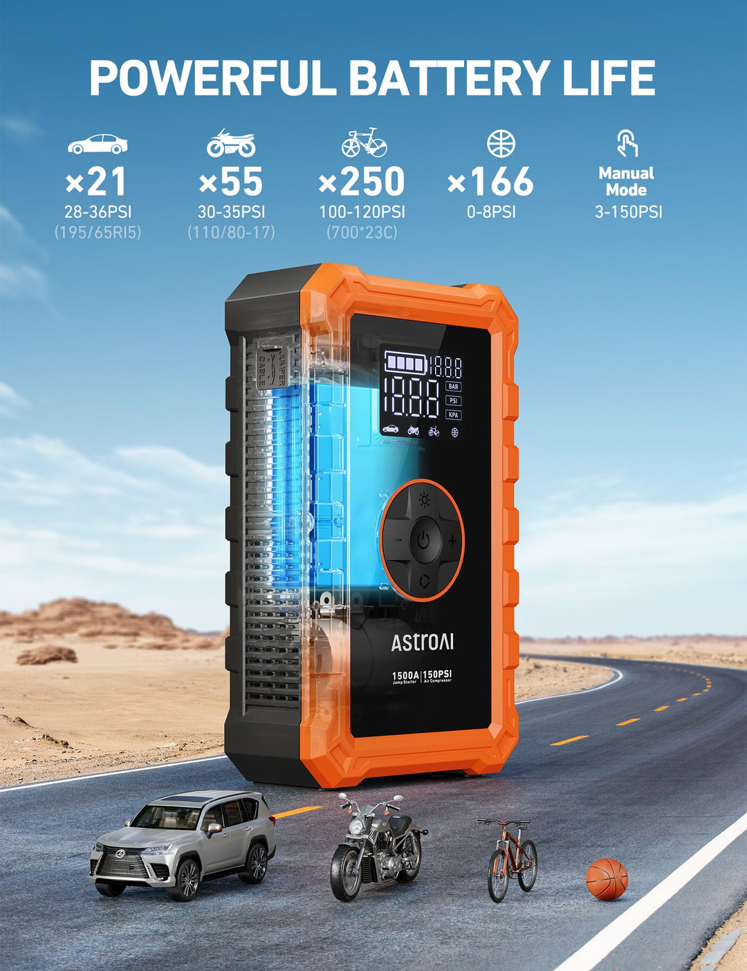Arrancador de Bateria AstroAI S8 1500A con Compresor 12V
