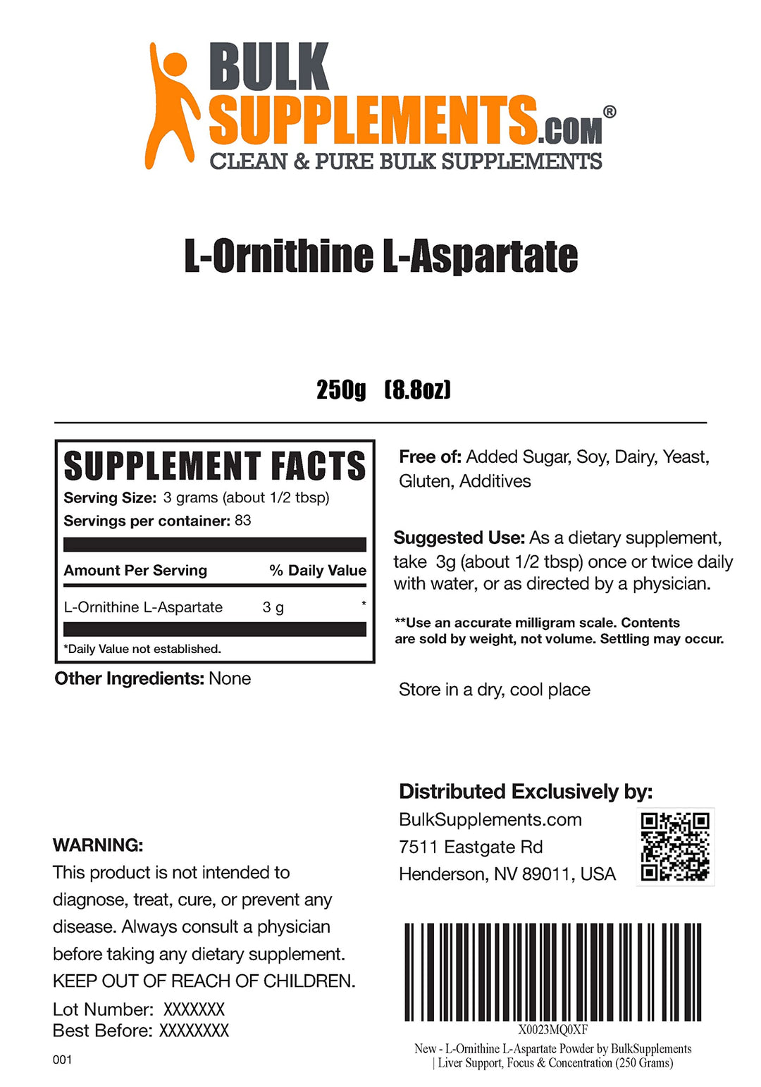 L-Ornithine + L-Aspartato BulkSupplements - 250 g polvo