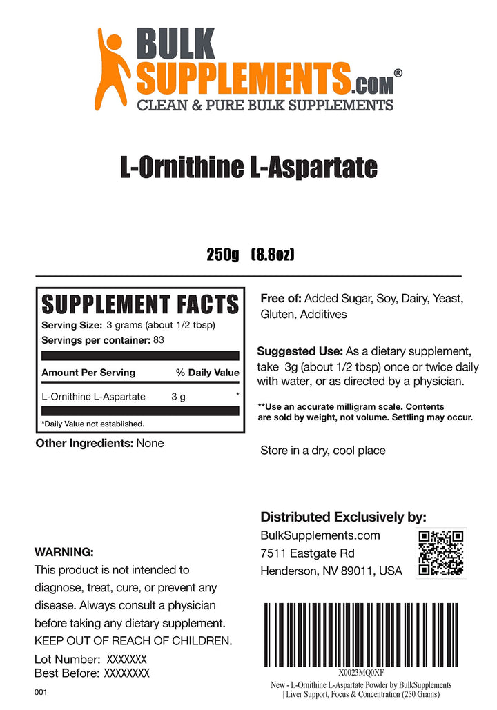 L-Ornithine + L-Aspartato BulkSupplements - 250 g polvo