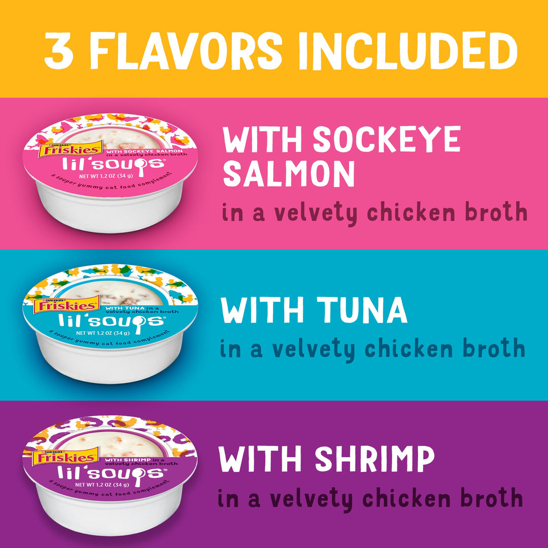 Comida humeda Purina Friskies Lil? Soups gatos salmon atun camaron 30 uds