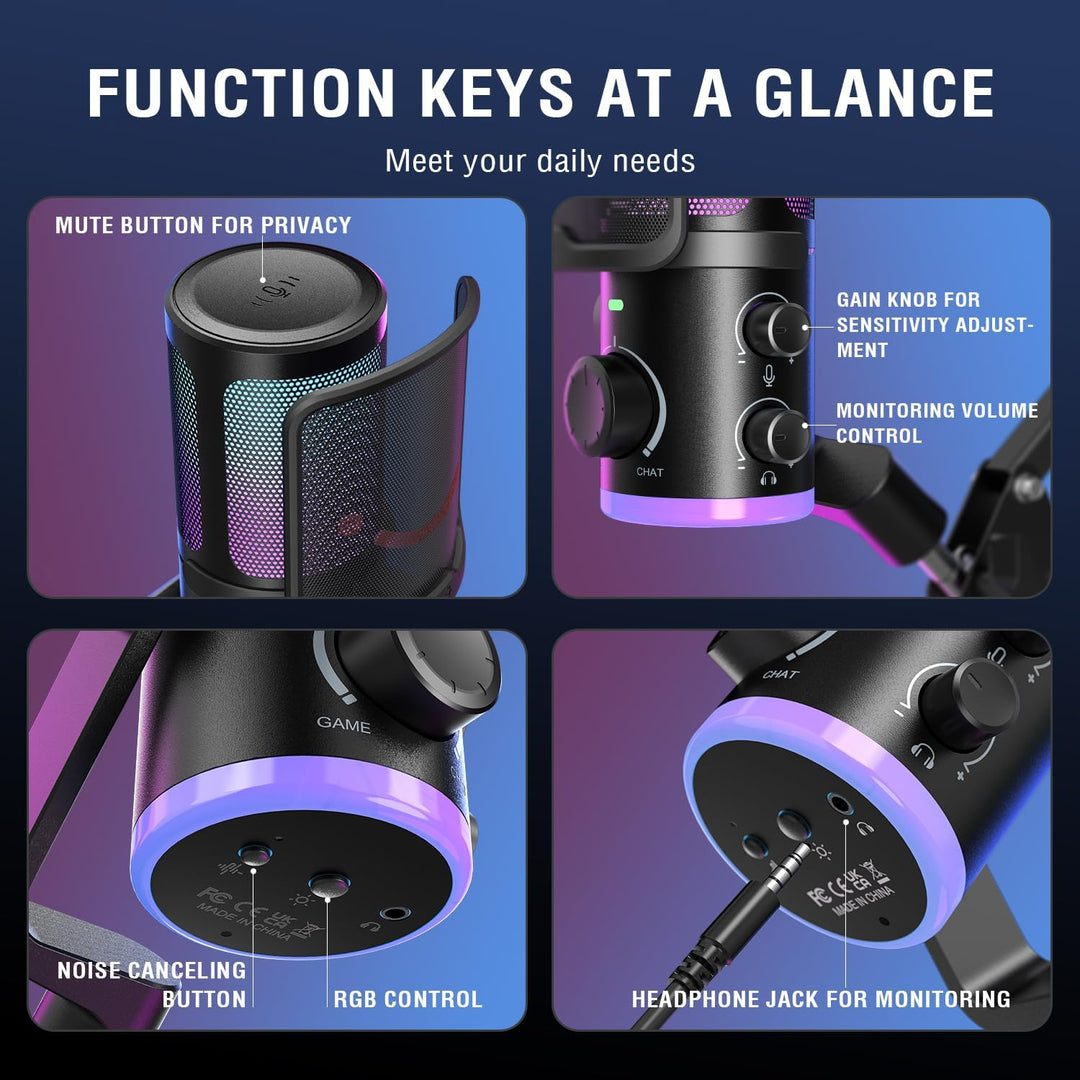 FIFINE AM6T USB Streaming Microphone for PC Gaming, Professional Condenser Mic with RGB, Noise Cancellation&Game/Chat Mixer-Plug & Play for Discord Chat/Streamer/Podcaster, with Boom Arm&Pop Filter