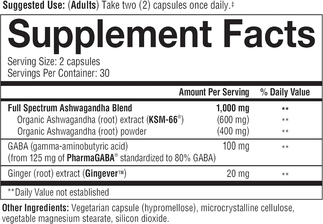 Youtheory Ashwagandha + GABA - 1,000 Mg Ashwagandha & 100 Mg GABA - Cortisol, Stress & Memory Support Supplement - 60 Vegetarian Capsules