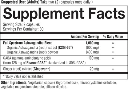 Youtheory Ashwagandha + GABA - 1,000 Mg Ashwagandha & 100 Mg GABA - Cortisol, Stress & Memory Support Supplement - 60 Vegetarian Capsules