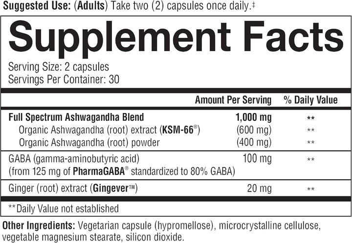 Youtheory Ashwagandha + GABA - 1,000 Mg Ashwagandha & 100 Mg GABA - Cortisol, Stress & Memory Support Supplement - 60 Vegetarian Capsules