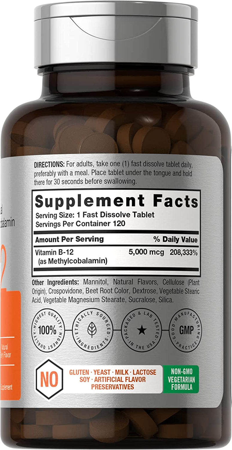 Horbäach B12 Sublingual Methylcobalamin | 5000Mcg | 120 Fast Dissolve Tablets | Vegetarian, Non-Gmo and Gluten Free Supplement