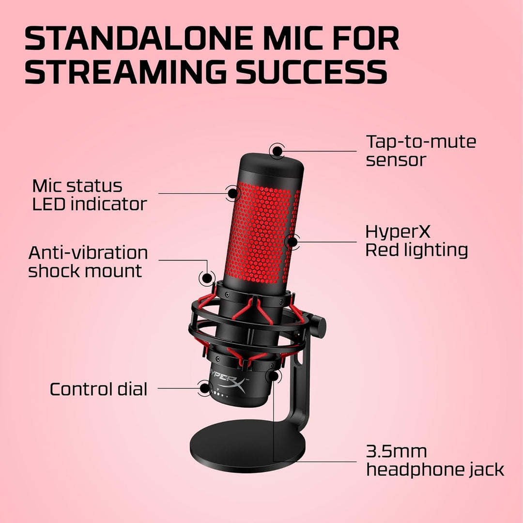 Hyperx Quadcast - USB Condenser Gaming Microphone, for PC, PS4, PS5 and Mac, Anti-Vibration Shock Mount, Four Polar Patterns, Pop Filter, Gain Control, Podcasts, Twitch, Youtube, Discord, Red LED