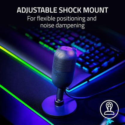 Razer Seiren V3 Mini USB Microphone: Condenser Mic - Supercardioid Pickup Pattern - Tap-To-Mute Sensor with LED Indicator - Shock Absorber - Ultra Compact - PC, Discord, OBS Studio, Xsplit - Black