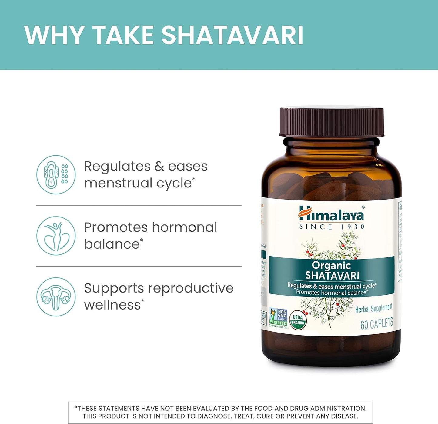 Himalaya Organic Shatavari for PMS, Menstrual Cramp Relief, Menopause Support, and Women'S Health, 1,300 Mg, 60 Caplets, 1 Month Supply