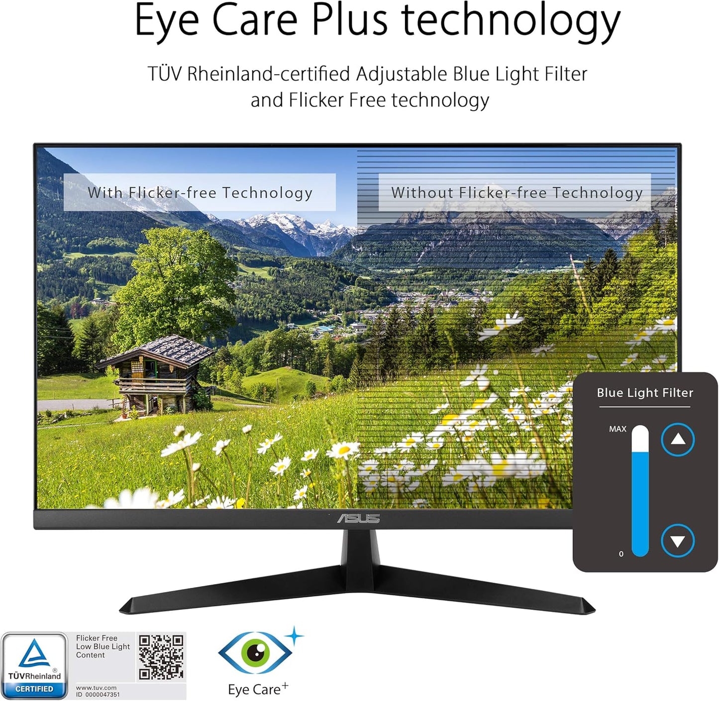 ASUS VY279HE 27” Eye Care Monitor, 1080P Full HD, 75Hz, IPS, 1Ms, Adaptive-Sync, Eye Care Plus, Color Augmentation, HDMI VGA, Frameless, VESA Wall Mountable