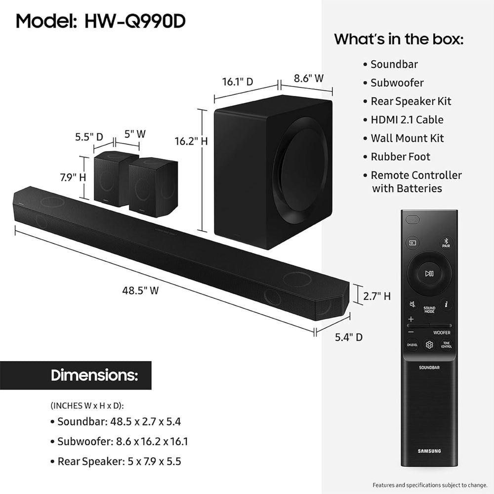 SAMSUNG Q990D 11.1.4Ch Soundbar W/Wireless Dolby Atmos Audio, Rear Speaker Included, Q-Symphony, Spacefit Sound Pro, Adaptive Sound, Game Mode Pro with Alexa Built-In, HW-Q990D/ZA