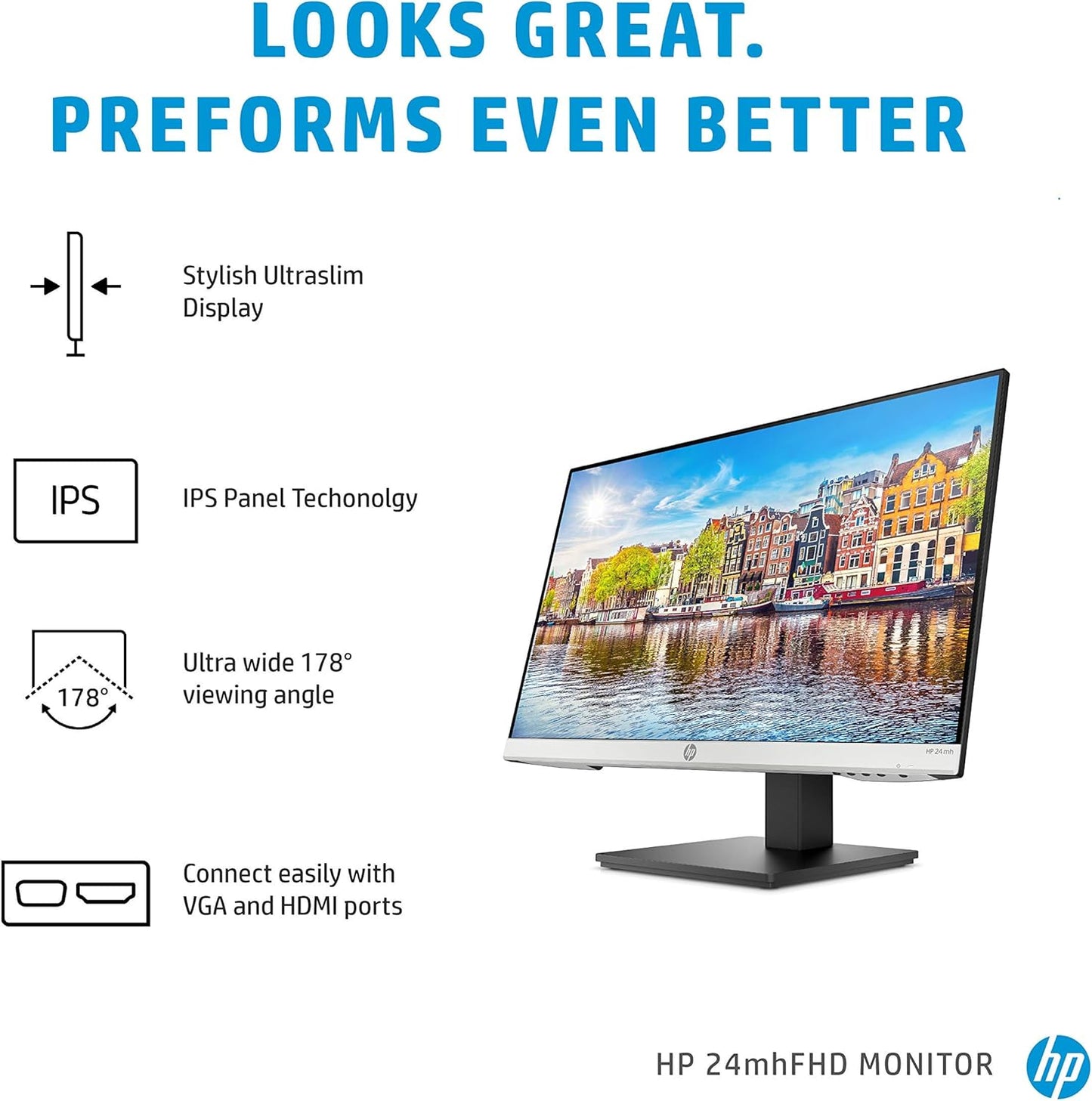 HP 24Mh FHD Computer Monitor with 23.8-Inch IPS Display (1080P) - Built-In Speakers and VESA Mounting - Height/Tilt Adjustment for Ergonomic Viewing - HDMI and Displayport - (1D0J9AA#ABA)