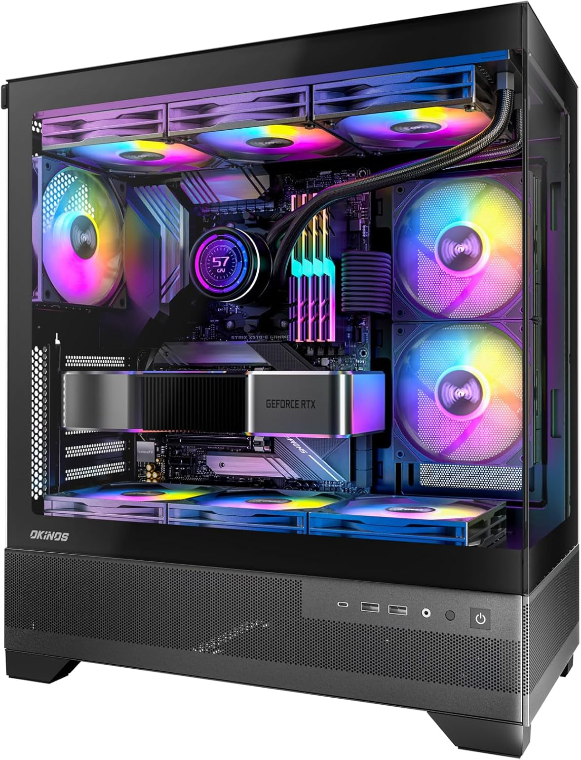 Aqua 7, Pre-Installed 6 × 120Mm PWM ARGB Fan, ATX Mid Tower PC Case, Computer Case with Panoramic View Tempered Glass Front & Side Panel, Type C Port, Gaming PC Case, Black