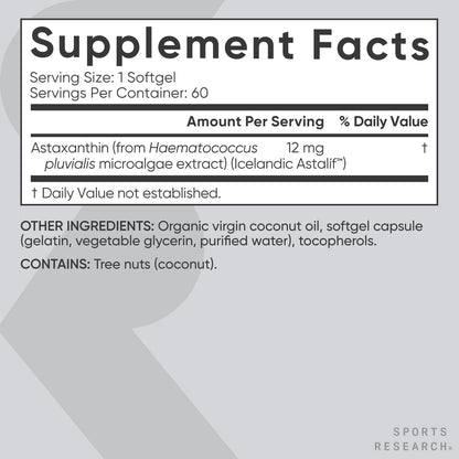 Sports Research Triple Strength Astaxanthin 12Mg with Organic Coconut Oil - Antioxidant Supplement, Non-Gmo Verified & Gluten Free - 60 Softgels