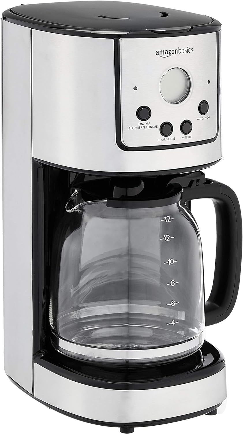 Amazon Basics Programmable Coffee Maker with Drip-Free Carafe and Reusable Filter, Timer for Automatic Brewing, Over-Heat Protection, Keep-Warm Function, Stainless Steel, 12 Cups, Black