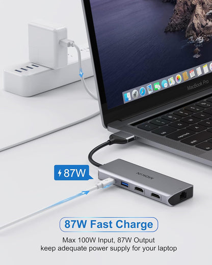 Macbook Pro Docking Station Dual Monitor Macbook Pro HDMI Adapter,9 in 1 USB C Adapters for Macbook Pro Air Mac HDMI Dock Dongle Dual USB C to Dual HDMI Ethernet 3USB SD/TF100W PD