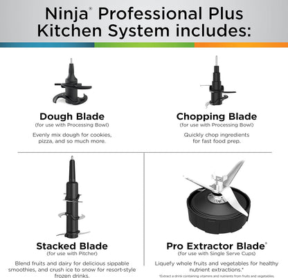 Ninja BN801 Professional plus Kitchen System, 1400 WP, 5 Functions for Smoothies, Chopping, Dough & More with Auto IQ, 72-Oz.* Blender Pitcher, 64-Oz. Processor Bowl, (2) 24-Oz. To-Go Cups, Grey