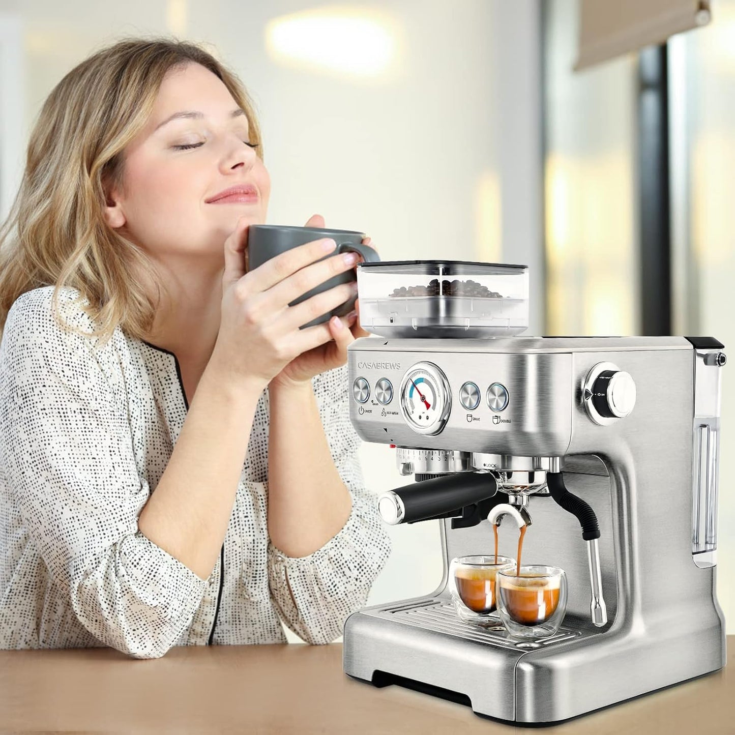 CASABREWS Espresso Machine with Grinder, Professional Espresso Maker with Milk Frother Steam Wand, Barista Latte Machine with Removable Water Tank for Cappuccinos or Macchiatos, Gift for Mom Dad