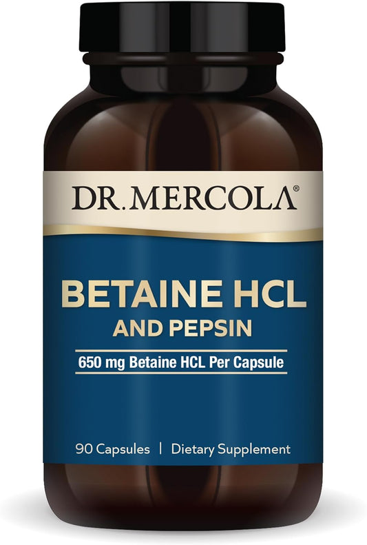 Dr. Mercola Betaine HCL and Pepsin, 30 Servings (90 Capsules), Dietary Supplement, 650Mg Betaine HCL per Capsule, Supports Healthy Digestion, Non-Gmo