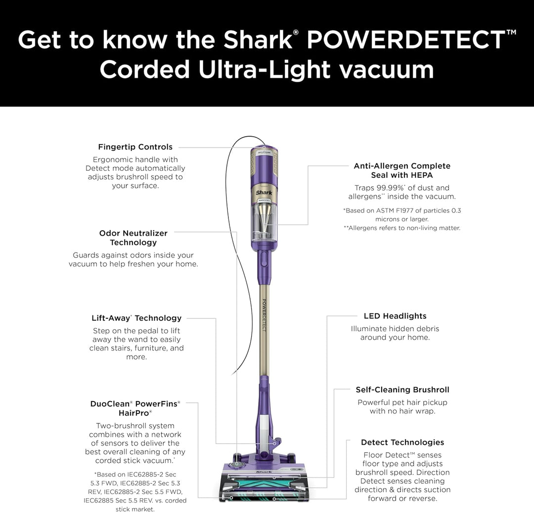 Shark POWERDETECT Ultra-Light Corded Stick Vacuum with Duoclean Technology, Self-Cleaning Brushroll for No Hair Wrap, Anti-Allergen Complete Seal, and Odor Neutralizer Technology, HZ4002